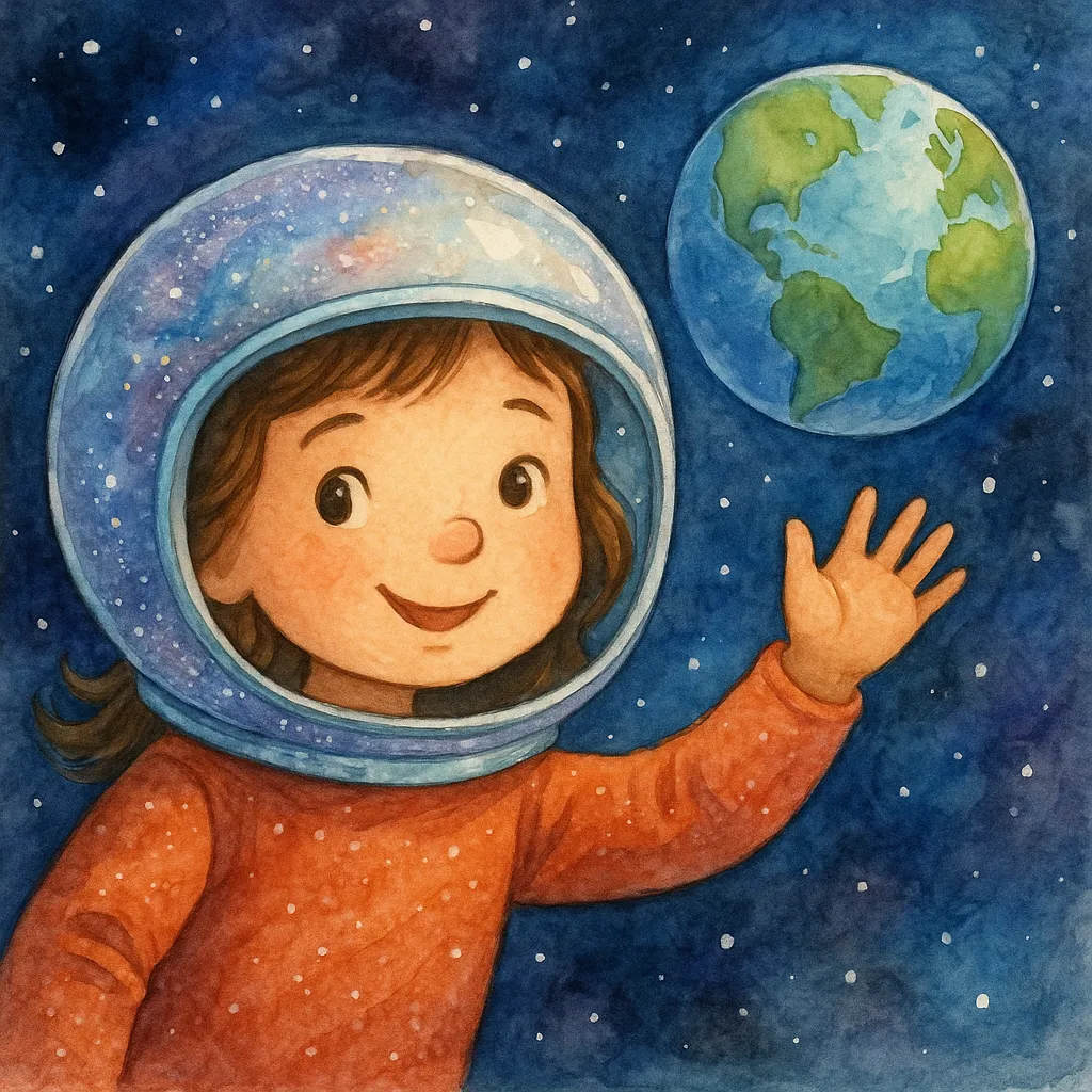 A cartoon of a girl in a space suit holding a globe.