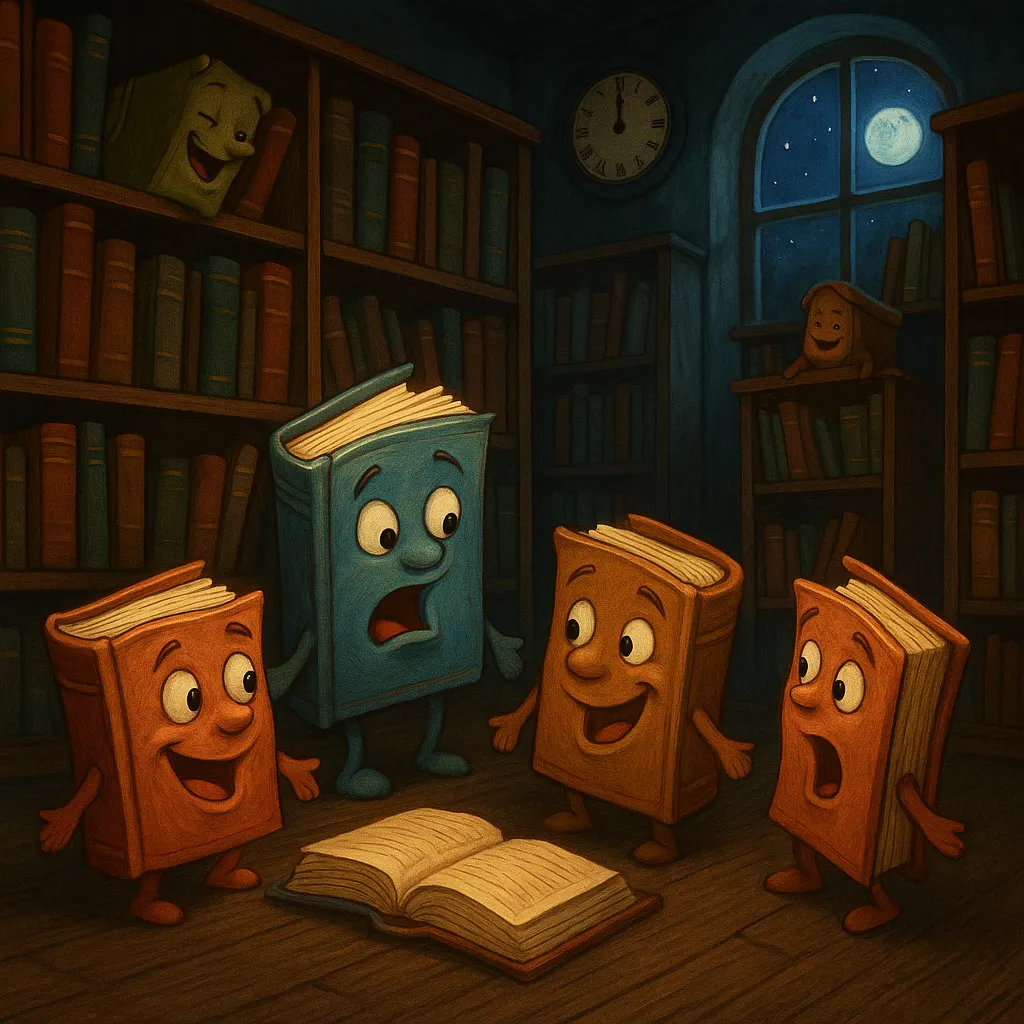 A group of books with faces on them are sitting on a wooden floor.