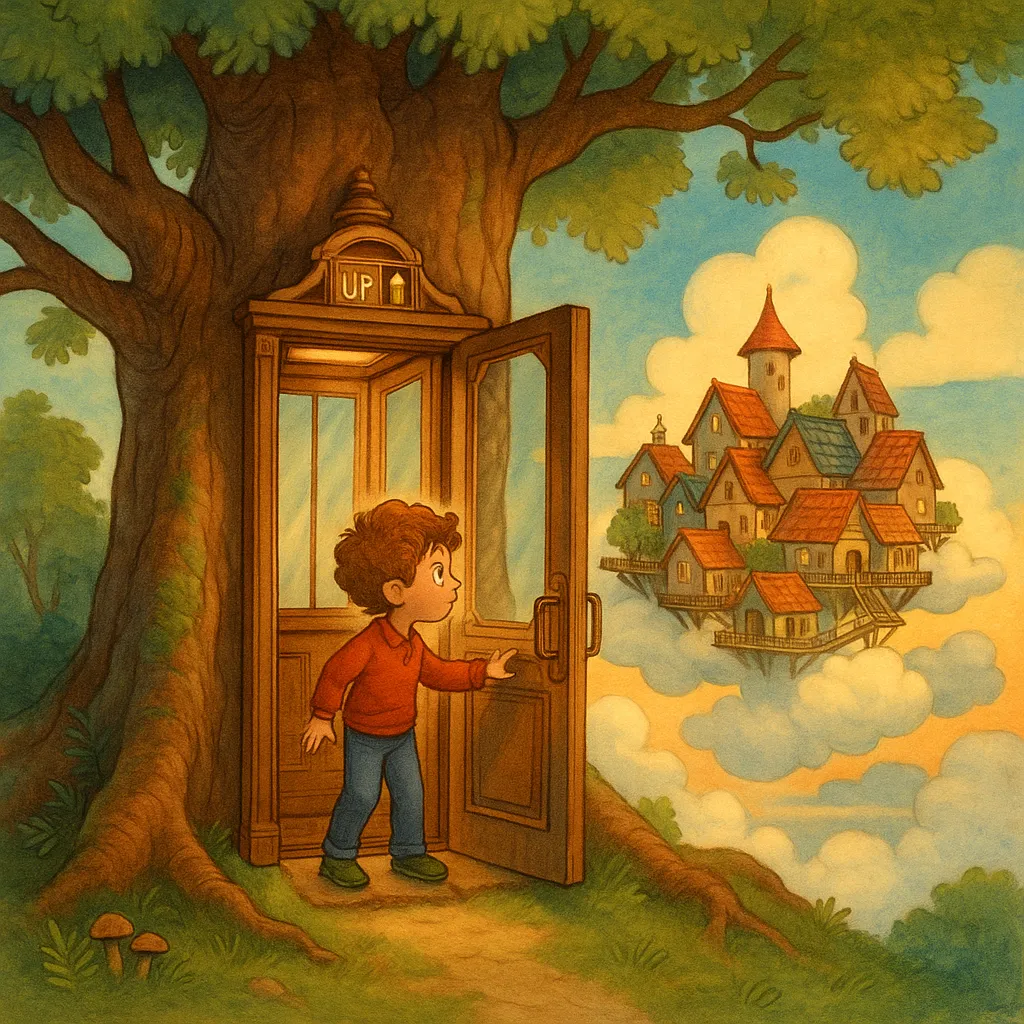 A boy is standing in front of a door that is open to a cloudy world.
