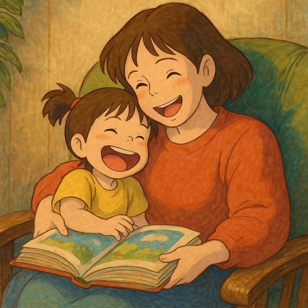 A woman and a child are sitting on a chair and reading a book.