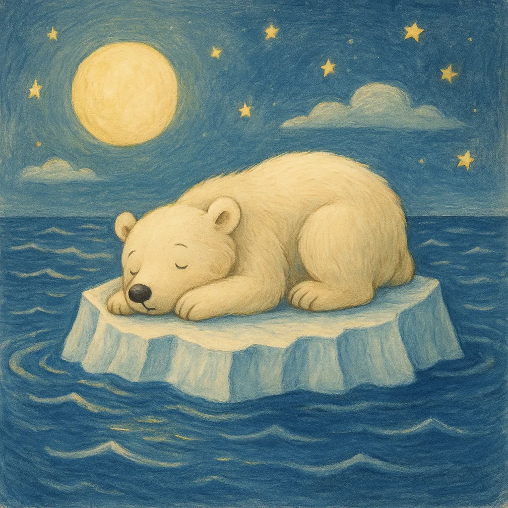 A polar bear is sleeping on a piece of ice.