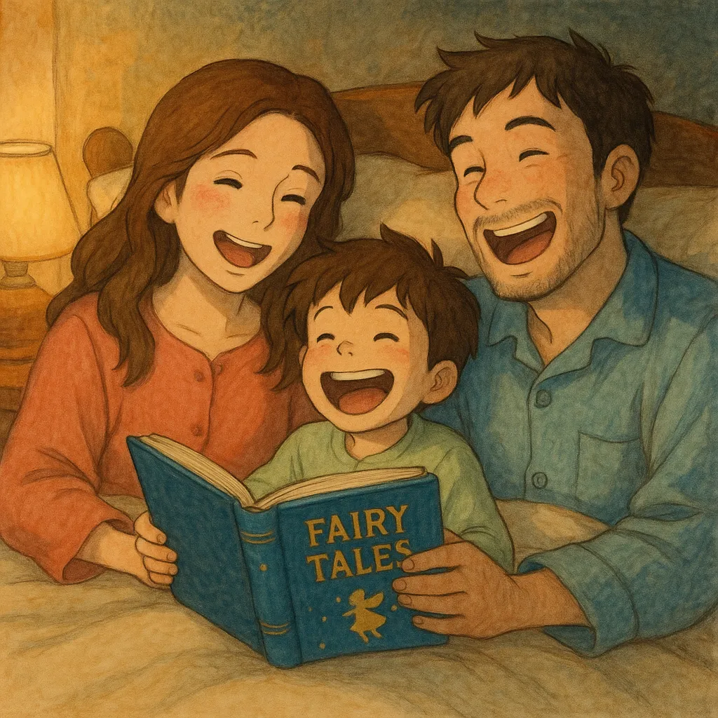 A family is reading a book together.